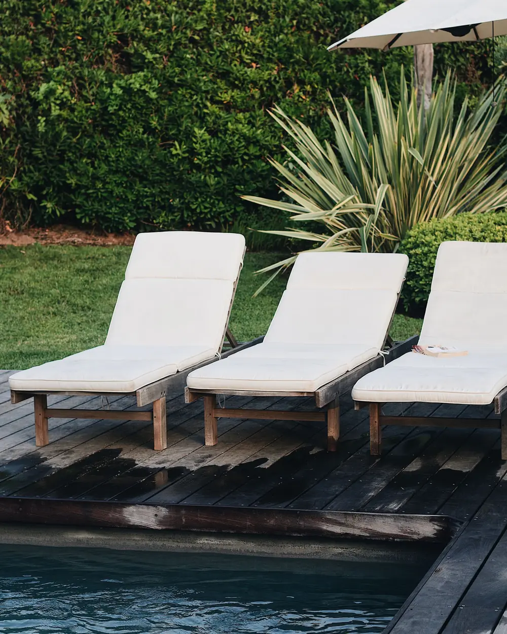 Three loungers in the shade.